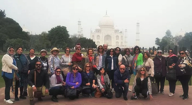 Taj Mahal framed by gardens